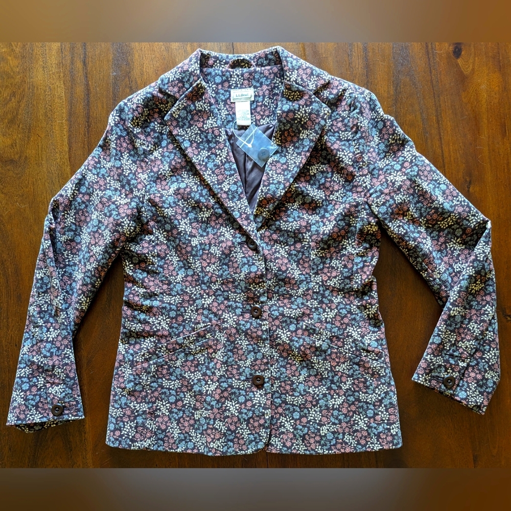 L.L. Bean Jacket Blazer Brown Floral Women's Size 4 Lined Stretch Corduroy